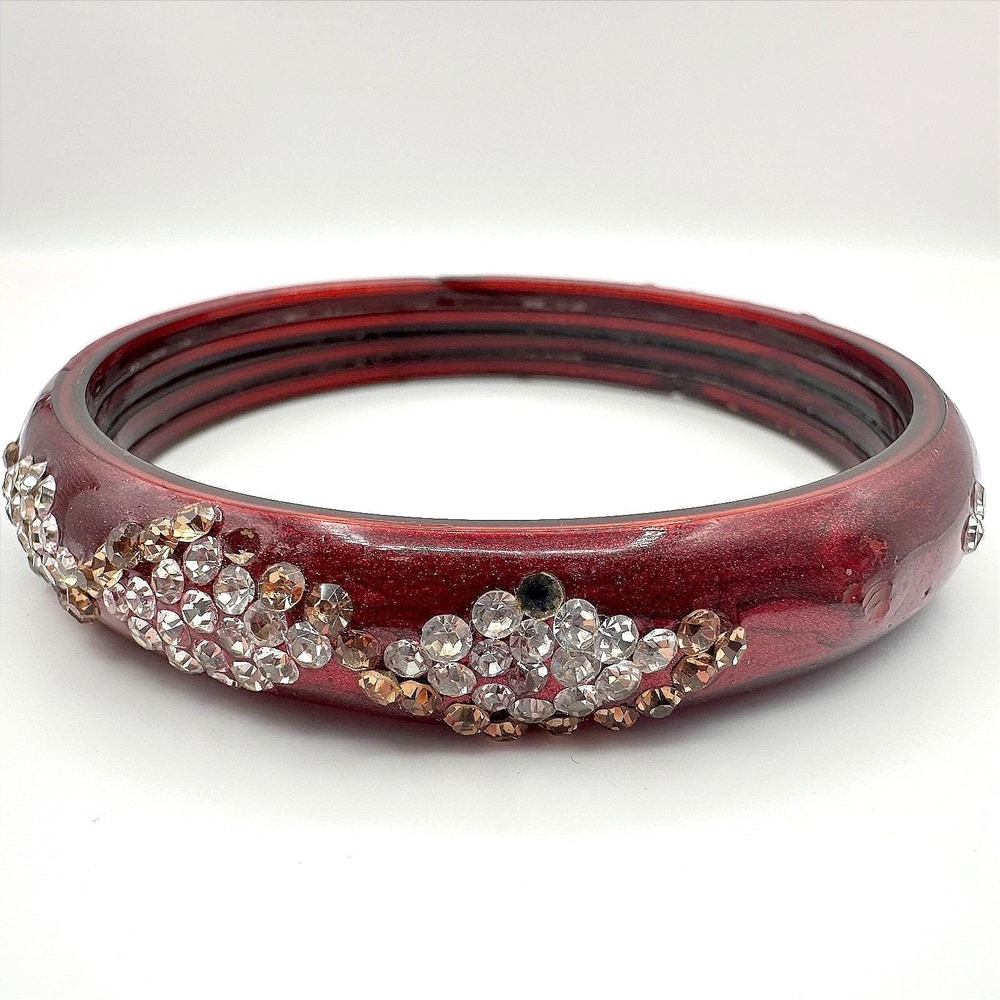 Vintage Red Lucite Bangle Bracelet Rhinestone Sparkly Chunky Maroon Resin Retro